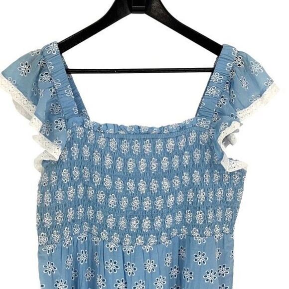STS Sail To Sable Womens Floral Eyelet Tiered Lace Smocked Dress Blue Large NWT$ - Picture 4 of 9